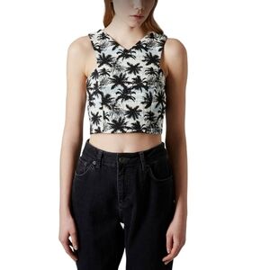 Topshop Sz 8 Jacquard Crop Tank Top Palm Tree Print Black White Blue Zipper Back